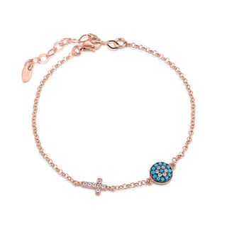 Nano turquise small evil eye and cross bracelet in rose gold