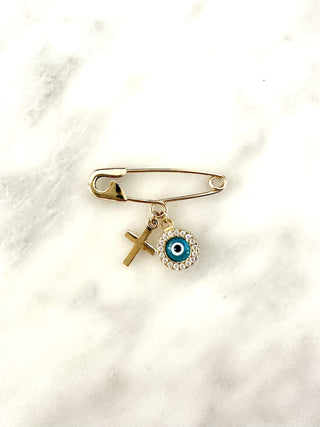 9kt gold round eye and cross baby pin